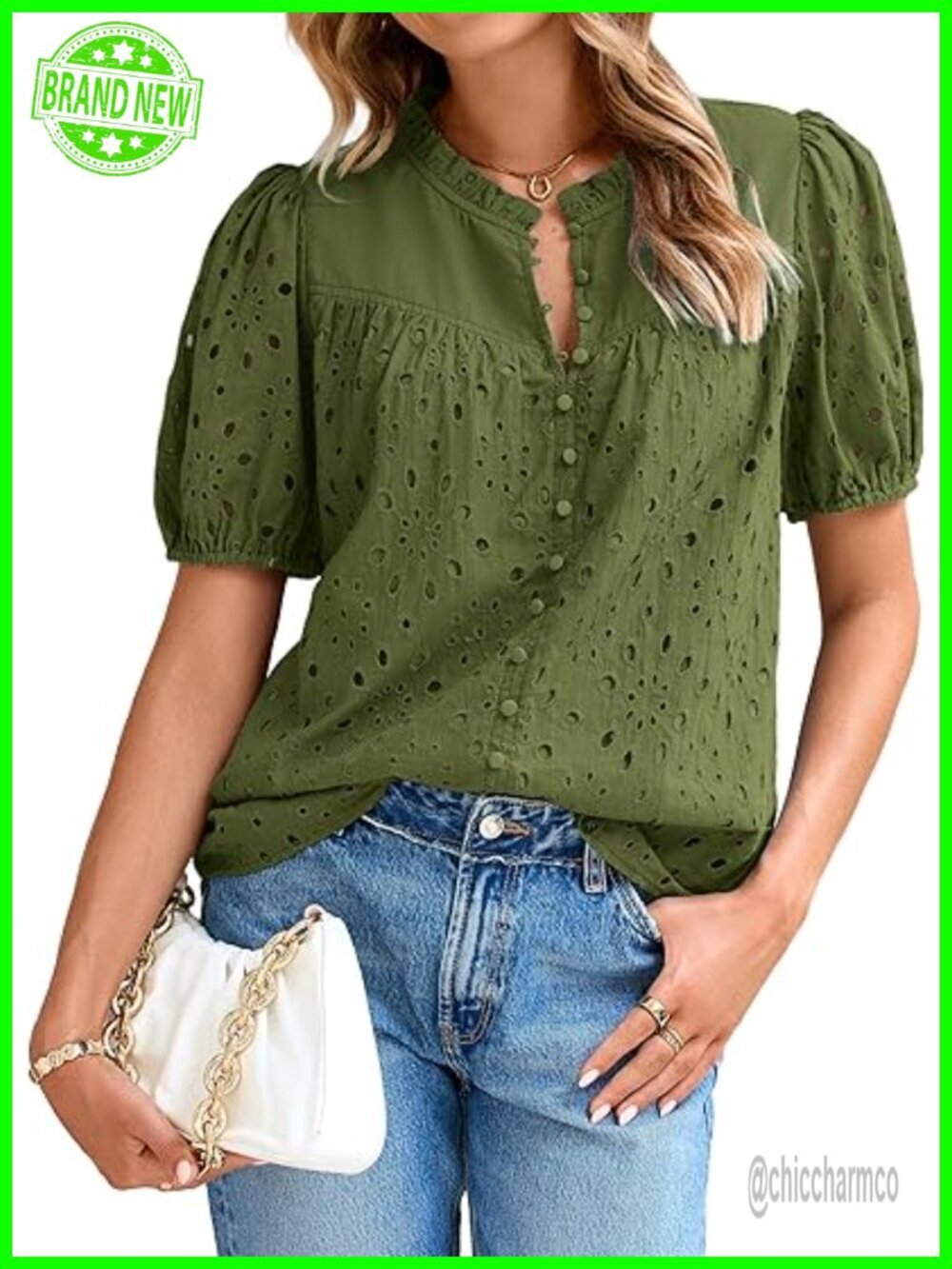 Cotton Eyelet Lace Blouse with Puff Short Sleeves Button Down V-Neck